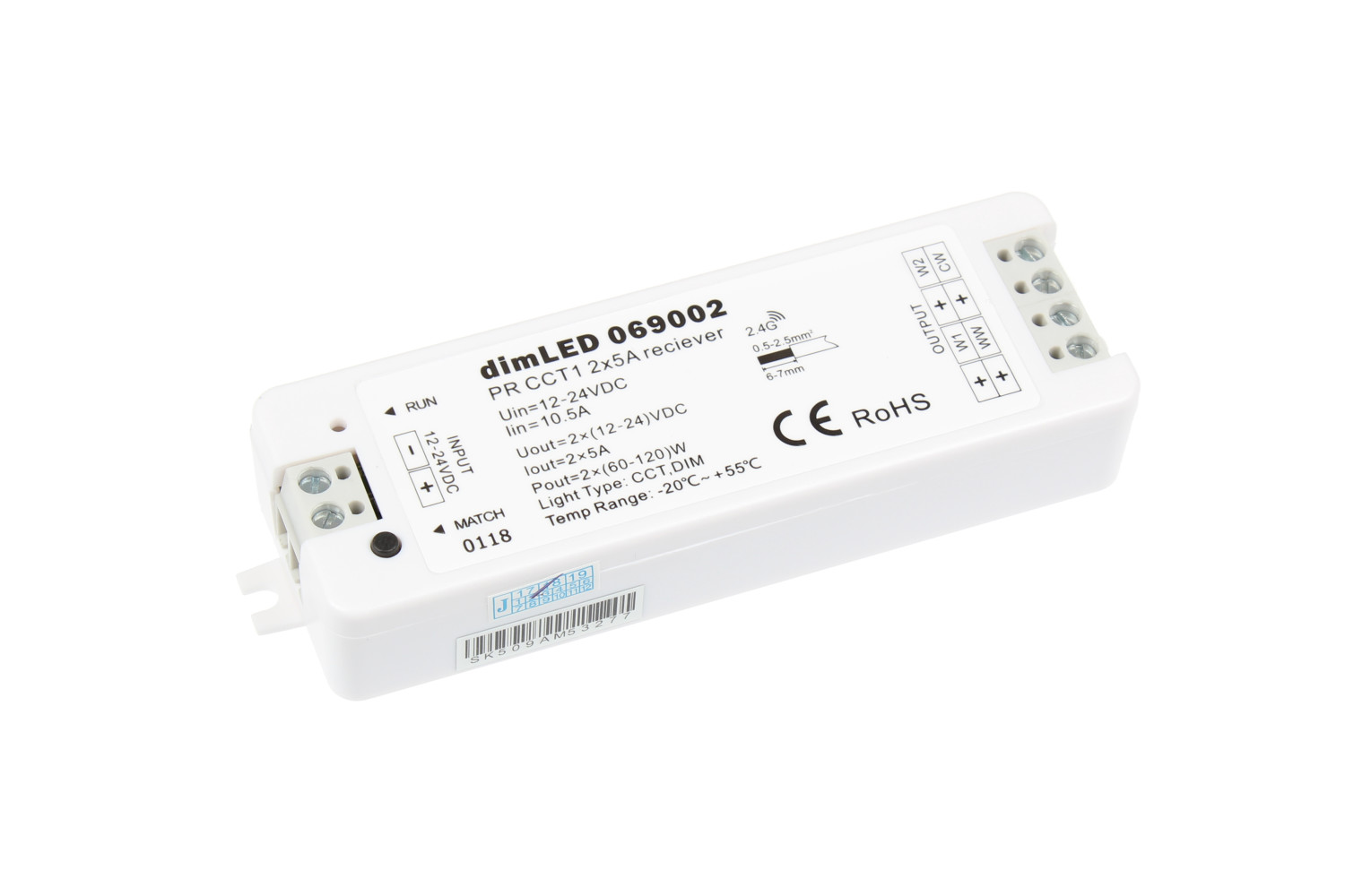 Přijímač dimLED RF CCT, 12-24V/2x5A (2x 60-120W)