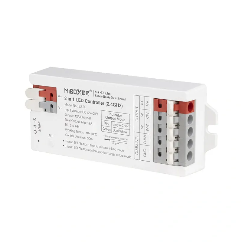 MiBoxer (Mi-Light) E2-RF 2v1 pro bílé a CCT pásky | 12V-24V | 12A | PUSH