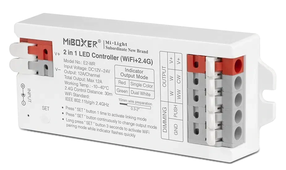 MiBoxer (Mi-Light) E2-WR 2v1 pro bílé a CCT pásky | 12V-24V | 12A | PUSH | WiFi