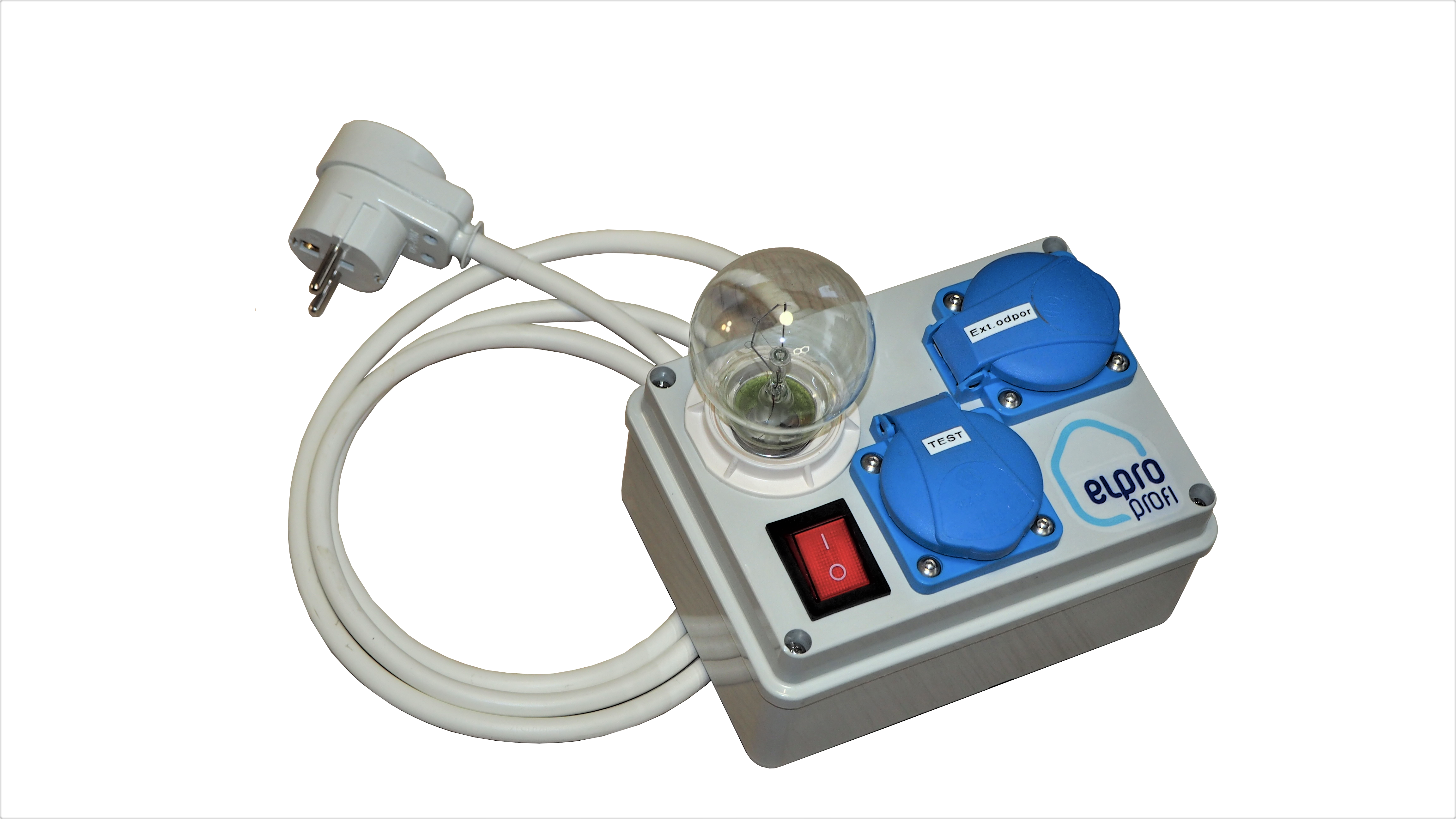 Testovací zásuvka s omezením zkratového proudu, včetně 200 W žárovky