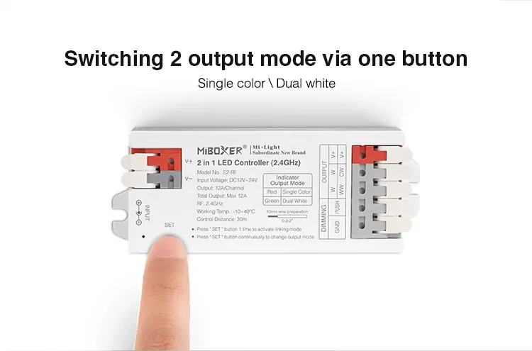 MiBoxer (Mi-Light) E2-RF 2v1 pro bílé a CCT pásky | 12V-24V | 12A | PUSH