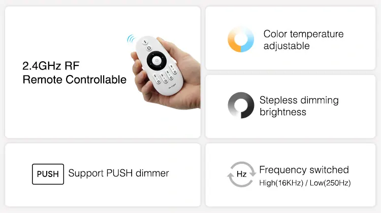 MiBoxer (Mi-Light) E2-RF 2v1 pro bílé a CCT pásky | 12V-24V | 12A | PUSH