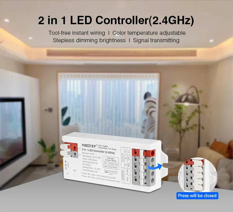 MiBoxer (Mi-Light) E2-RF 2v1 pro bílé a CCT pásky | 12V-24V | 12A | PUSH